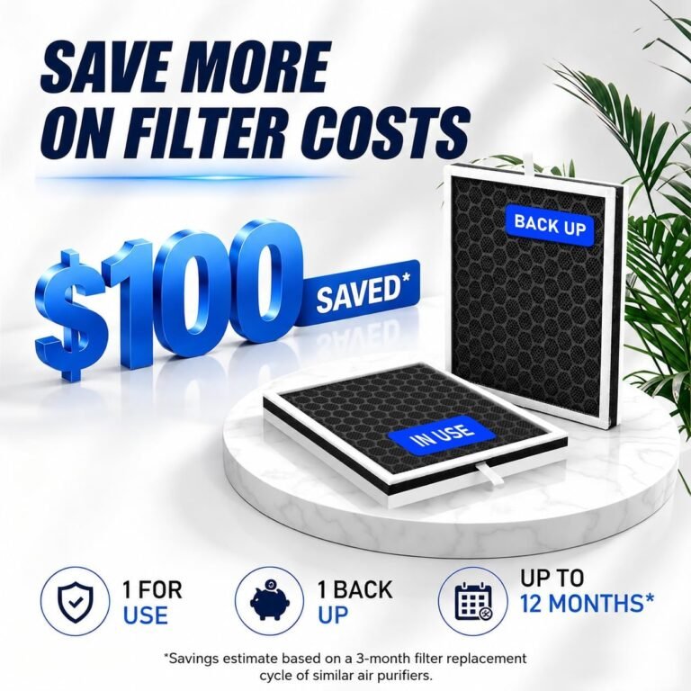 EOEBOT air purifier with in-use and backup filters, saving on filter costs