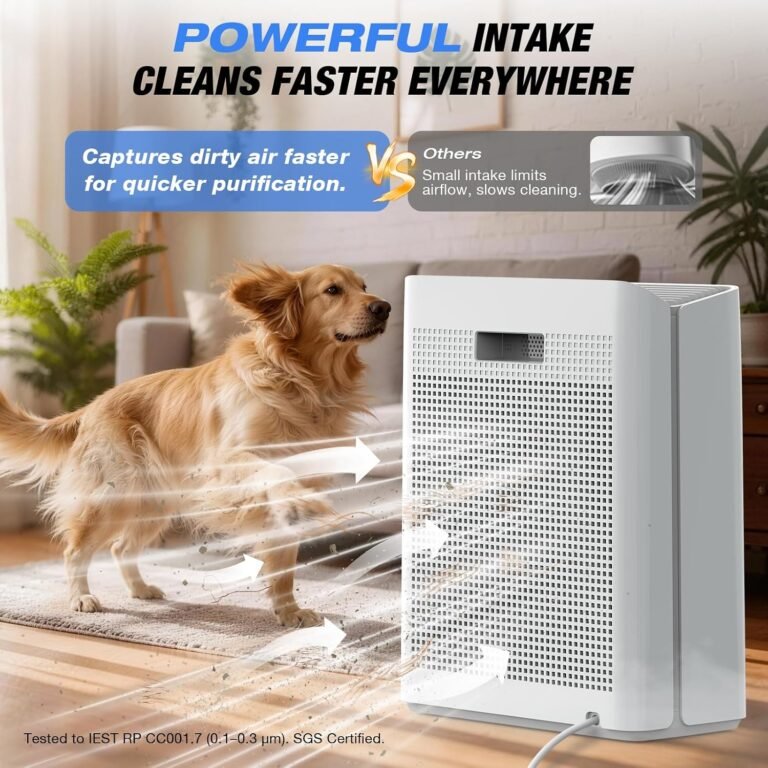 EOEBOT air purifier pulling in air with a powerful intake, with a dog in a living room
