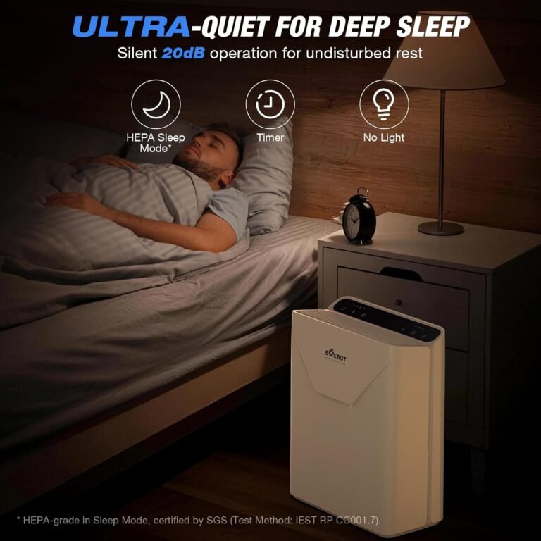 EOEBOT air purifier on a nightstand in a dark bedroom, running in quiet 20dB sleep mode
